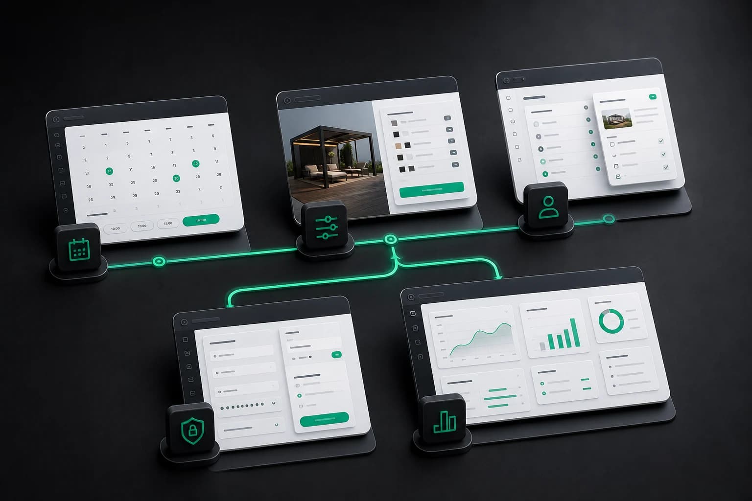 Connected booking, quotation, portal and dashboard modules in a custom web workflow