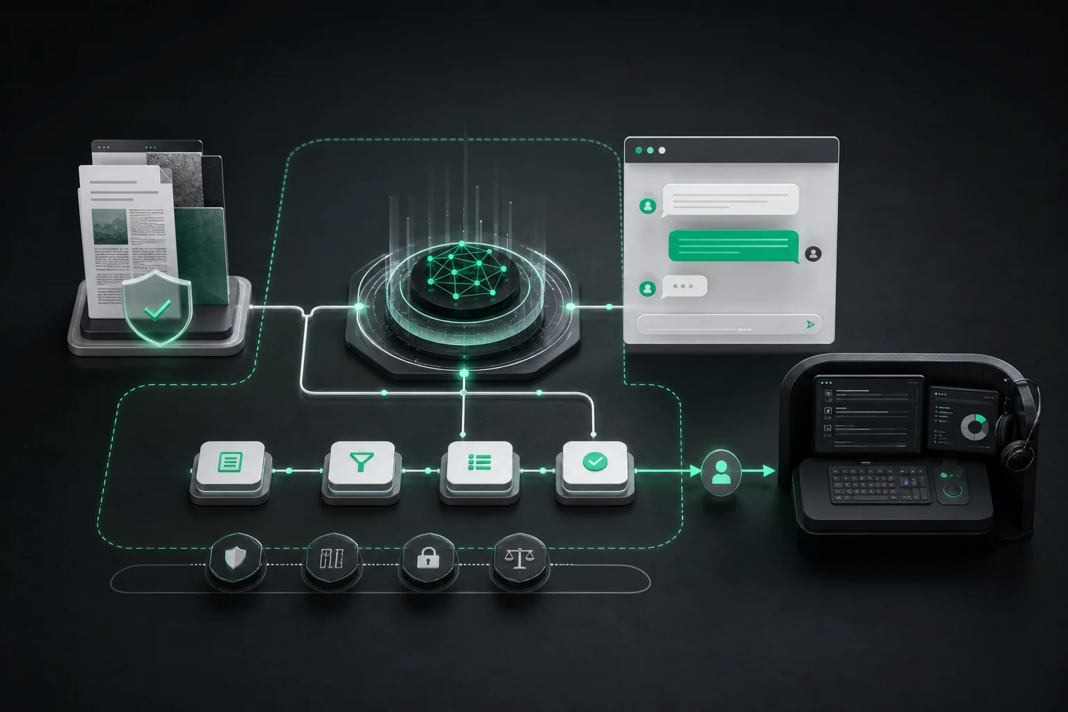 Bounded AI assistant connected to approved knowledge, workflow guardrails and human handoff