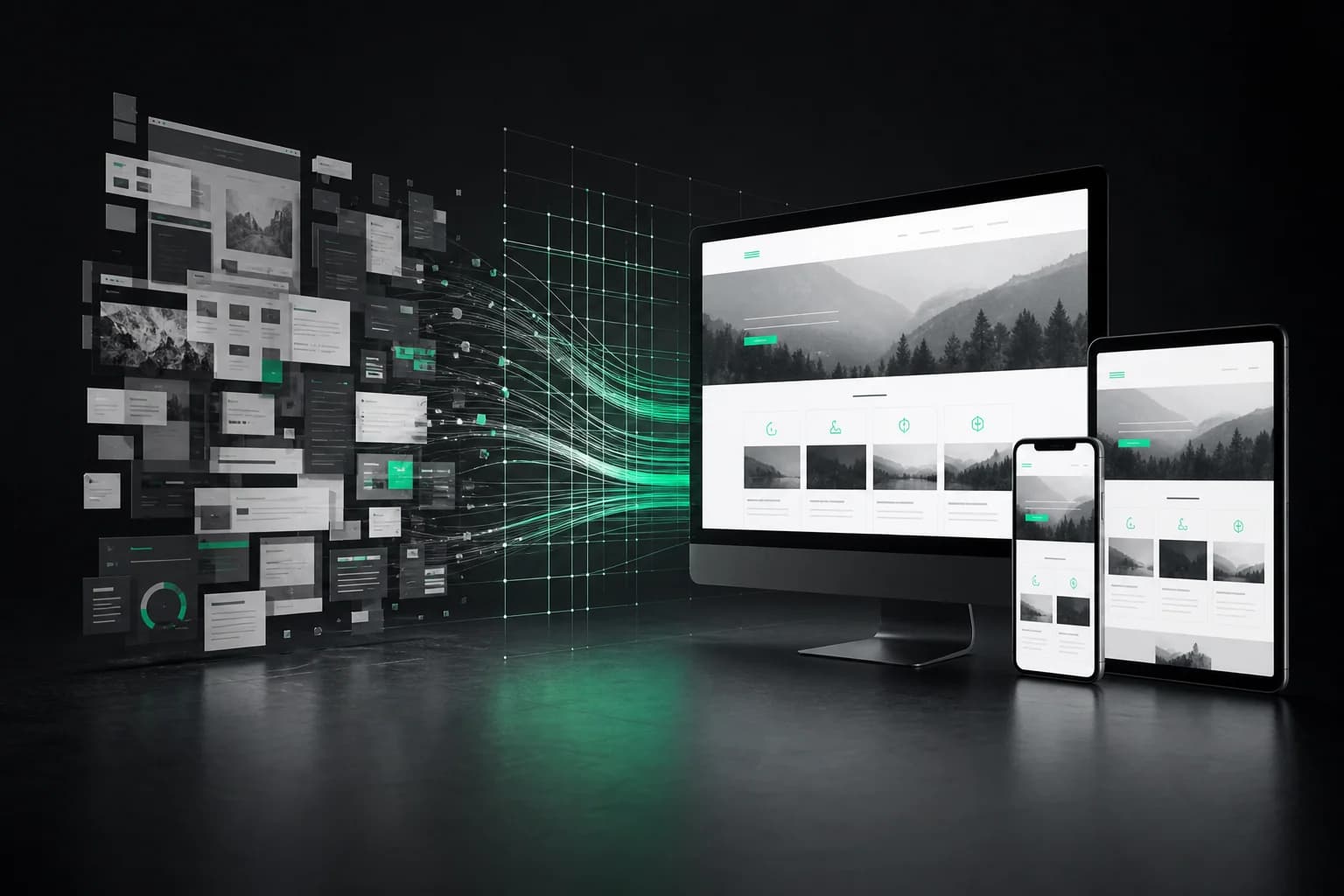 Cluttered legacy website transforming into a clear responsive redesign